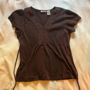 🤎Brown vintage y2k 90s aesthetic short sleeve blouse with macrame lace details